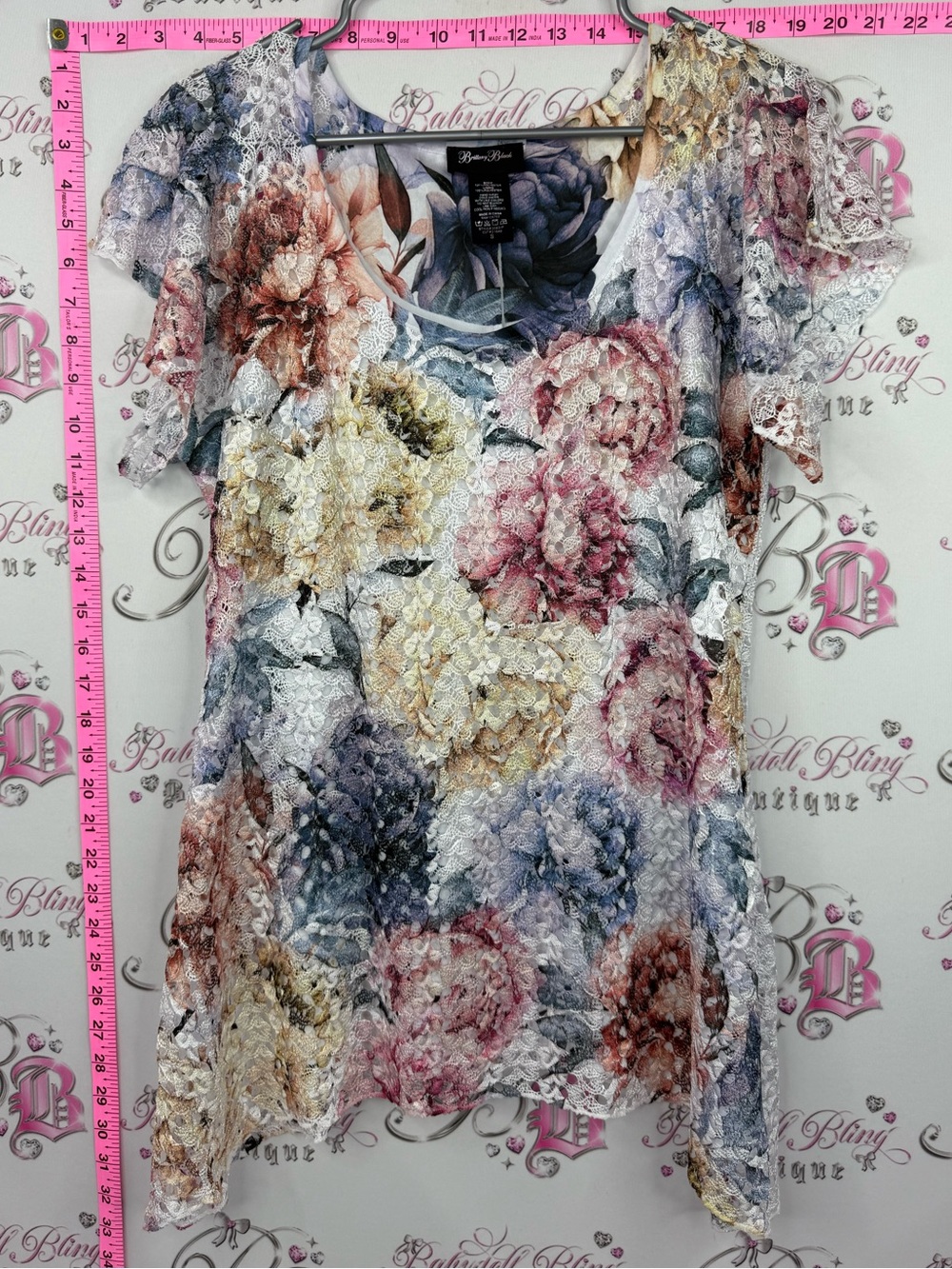Brittany Black Floral Lace-Overlay Short Sleeve Top - Cream, Pink, Blue